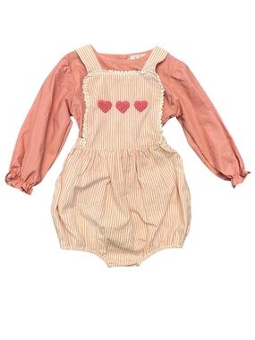 NWOT Busy Bee Smocks Pink Stripe bubble Romper french knot Hearts 3t